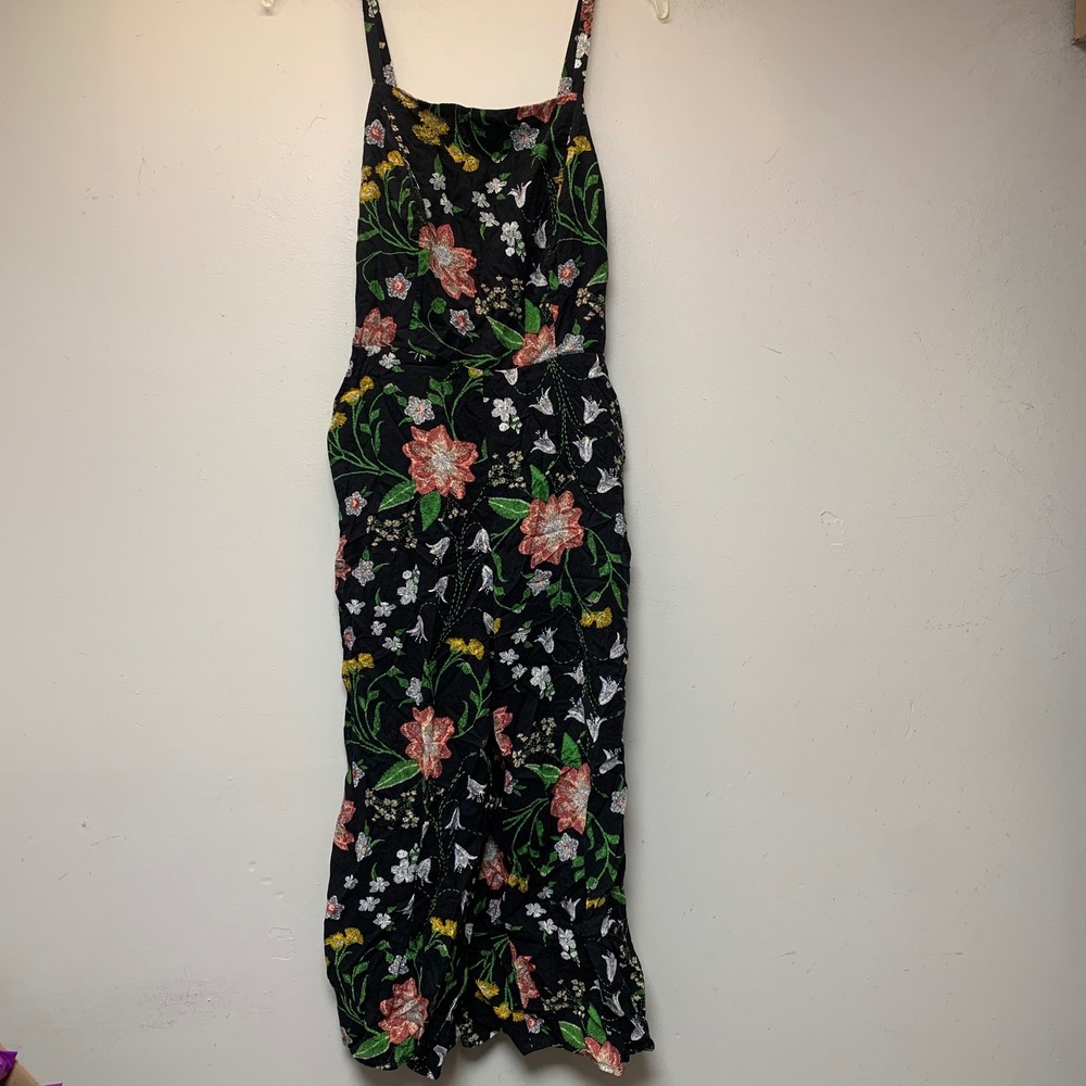 Old Navy Floral Jumpsuit Women S Black Excellent Smocked Wide Leg Rayon 14396